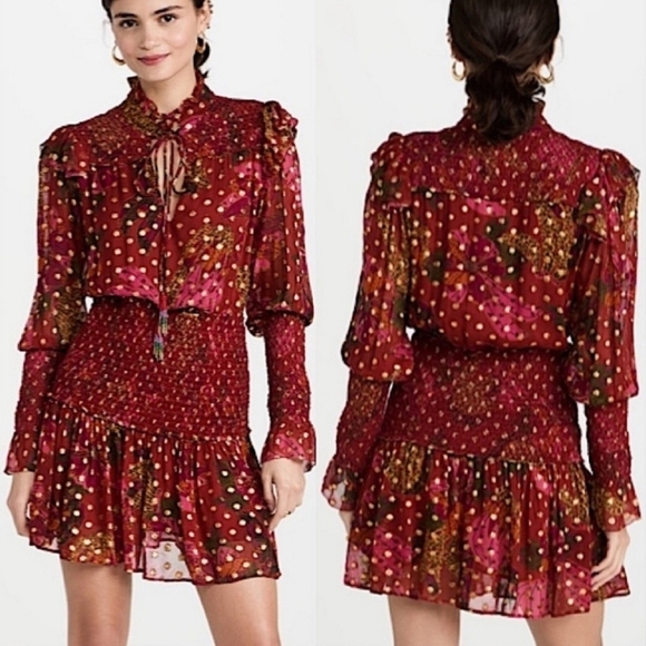 FARM Rio Dresses & Skirts - FARM Rio Maroon & Gold Banana Flowers Smocked Mini Dress - Size XL